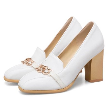 

Chain Chunky Heel Square Toe Heels, White, Shoes