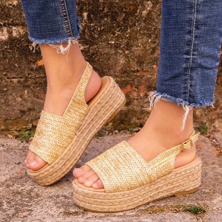 

Weaving Espadrille Platform Sandals Summer Peep Toe Sandals, Apricot, Sandals