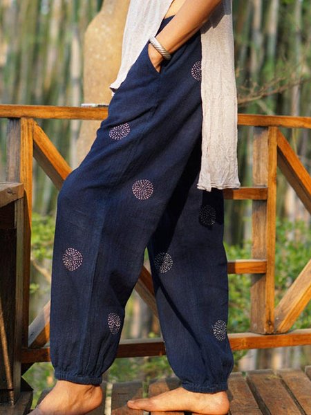 

zolucky Blue Vintage Cotton-Blend Plain Pants, Pants
