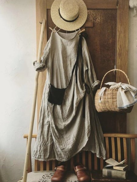 

Vintage Plain Plus Size Long Sleeve Casual Dress, Gray, Dresses