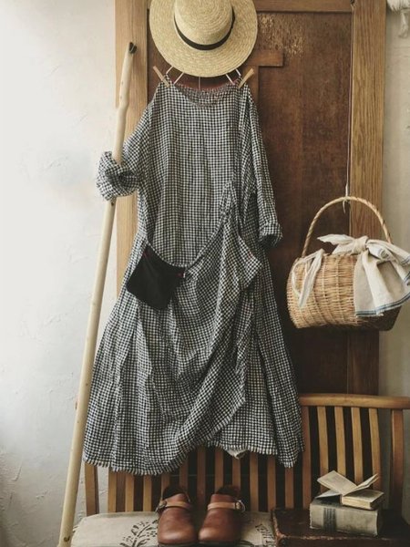 

Midi Abito Casuale Vintage a quadri a Maniche Lunghe taglia grande, Nero, Maxi Dresses