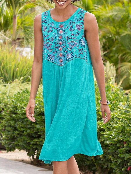 

Abito a Girocollo Donna Dritto da Spiaggia Stampato, Blu, Midi Dresses