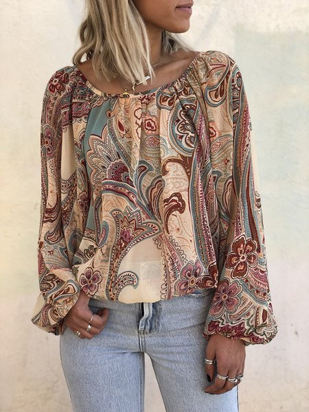 

Top Bohemian Stampato a Girocollo Casuale, Cachi, Sweater