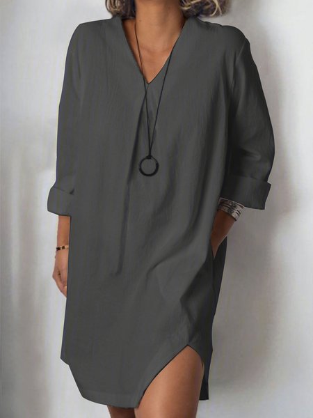 

Più Taglia Casuale Solido V Neck Manica Lunga tasche Gonna, Nero, Summer dresses