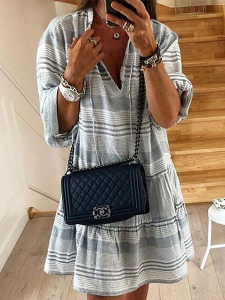

Abito con Colletto a Camicia a Righe Vintage, Grigio chiaro, Midi Dresses