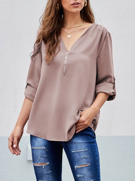 

Top Scollo a V a 3/4 Manica Casuale, Cachi, Blouses & Shirts