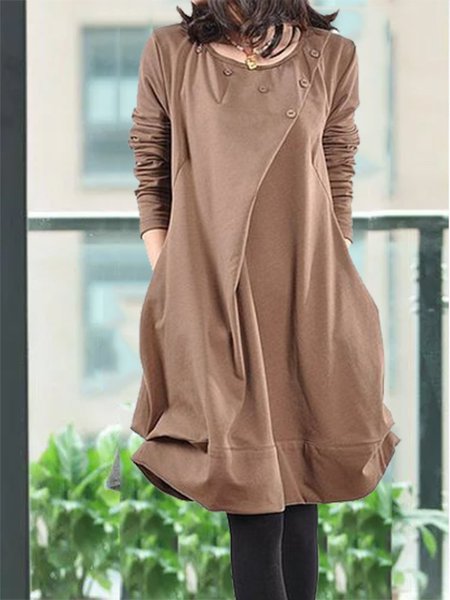 

Brown Long Sleeve Casual Round Neck Paneled Women Dress, Mini Dresses