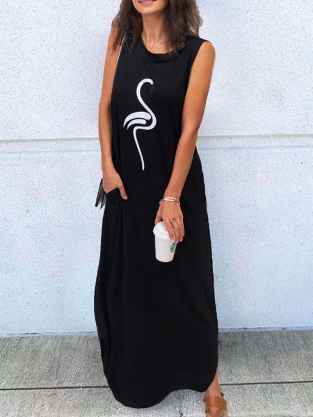

Abito Casuale di Cotone Stampato, Nero, Maxi Dresses