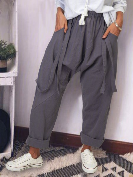 

Gray Solid Cotton-Blend Casual Pants, Pants
