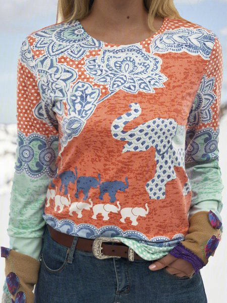 

Women Multicolor Long Sleeve Round Neck Patchwork Top, Tops