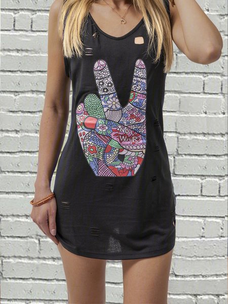 

Women Sleeveless Crew Neck Printed Shift Knitting Dress, Black, Casual Dresses