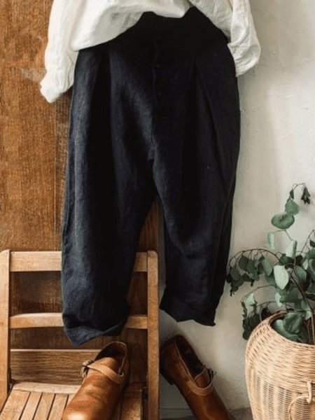 

Pantaloni di Misto Cotone Abbottonato Casuale, Nero, Pants