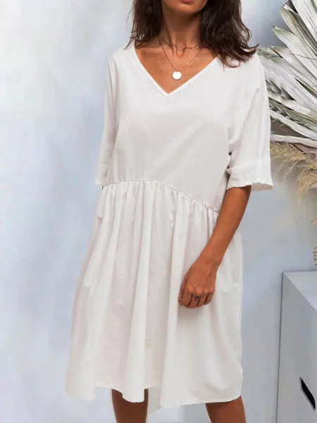 

White Solid Cotton Half Sleeve Dress, Dresses