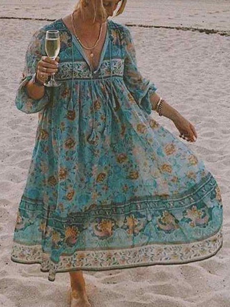 

Blue Floral-Print Long Sleeve V Neck Women Dress, Maxi Dresses