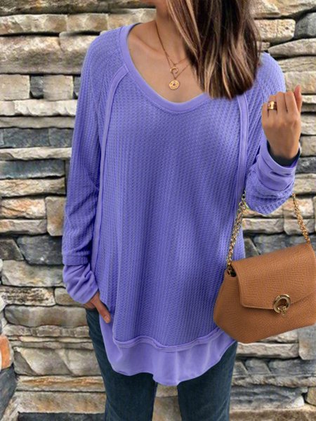 

zolucky Casual Long Sleeve V Neck Solid Tops, Purple, T-Shirts