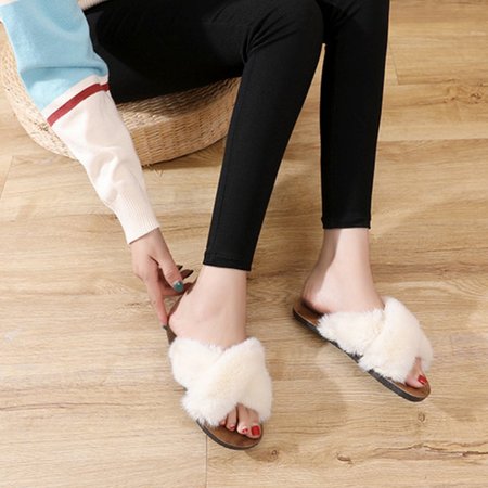 

All Season Flat Heel Fur Faux Fur Slippers, White, Slippers