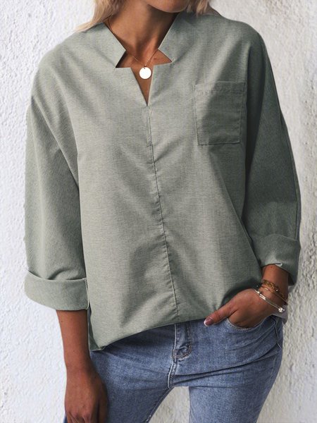 

Casual Long Sleeve Cotton-Blend Plain Blouses, Deep gray, Shirts & Blouses