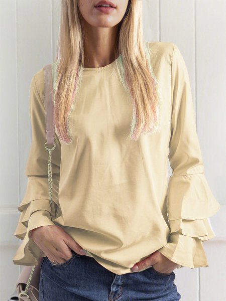 

Crew Neck Solid Tiered Long Sleeve Blouse, Black, Shirts & Blouses