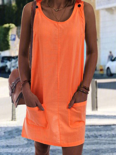 

JFN Round Neck Sleeveless Buttoned Plain Causal Mini Dresses, Orange, Basic Dresses