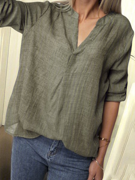 

V Neck Long Sleeve Linen Solid Blouses, Gray, Shirts & Blouses
