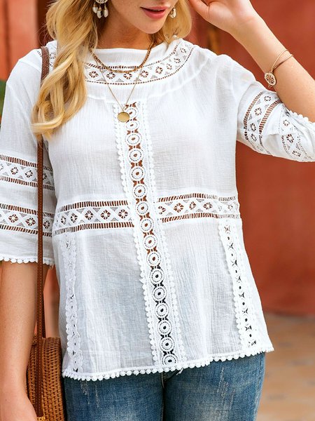 

White Crew Neck Shift Half Sleeve Casual Top, Blouses and Shirts