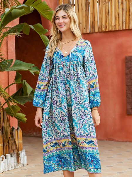 

Abito con Scollo a V Stampato Bohemian, Blu, Casual Dresses