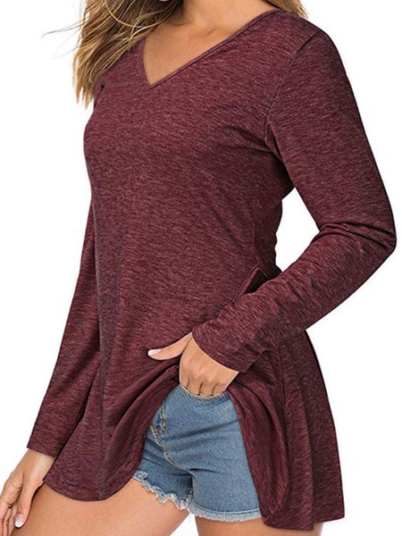 

V Neck Plain Long Sleeve Cotton-Blend Top, Wine red, Tops