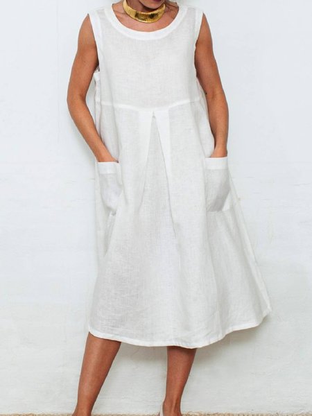

Abito Donna a Girocollo di Lino senza maniche Panelled, Bianco, Dresses