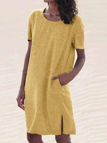 

Women Casual Short Sleeve Pockets Daily Crew Neck Cotton Linen Sundress, Yellow, Midi Dresses