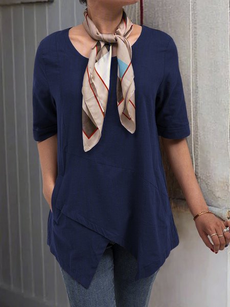 Half Sleeve Irregular Blouses Asymmetrical Hem Shirt，This product is not suitable for a square