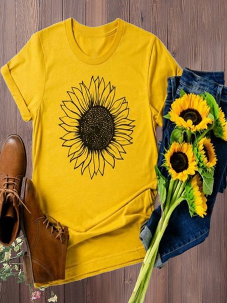 

Vintage Short Sleeve Sunflower Printed Plus Size Casual Top, Yellow, Tees & T-shirts