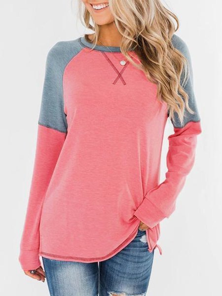 

Cotton-Blend Long Sleeve Round Neck Shirts & Tops, Pink, Tops