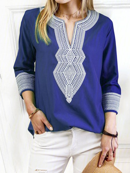 

3/4 Sleeve Geometric Cotton V neck Blouse, Blue, Tops