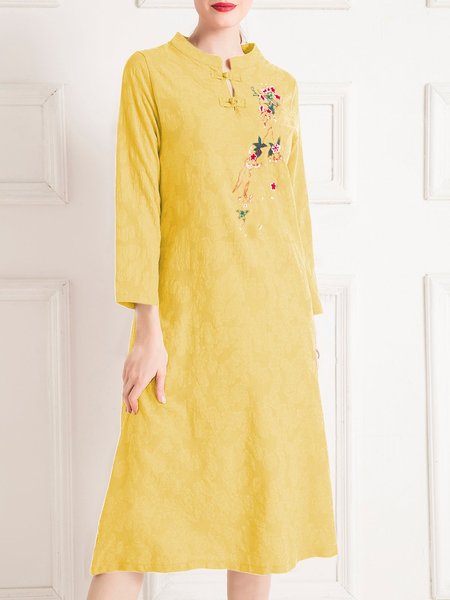

Embroidered Graphic Holiday Linen Dress, Yellow, Midi Dresses