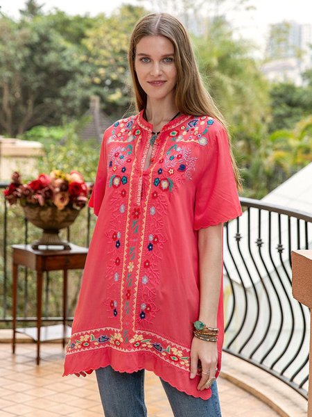 

Women Cotton Floral Soft Tribal Tunic, Red, Blouses & Shirts