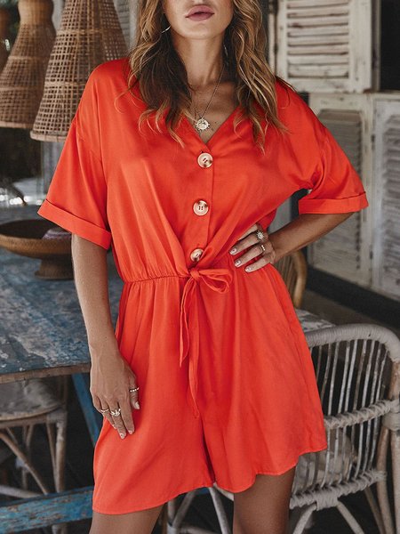 

Summer Casual Half Sleeve Buttoned Romper, Orange, Rompers