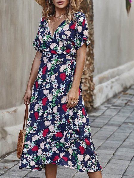 

Short Sleeve Holiday Ruffled Midi Dress, Purplish blue, Midi Dresses