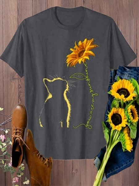 

Vintage Cat And Sunflower Printed Short Sleeve Casual Top, Deep gray, Tees & T-shirts