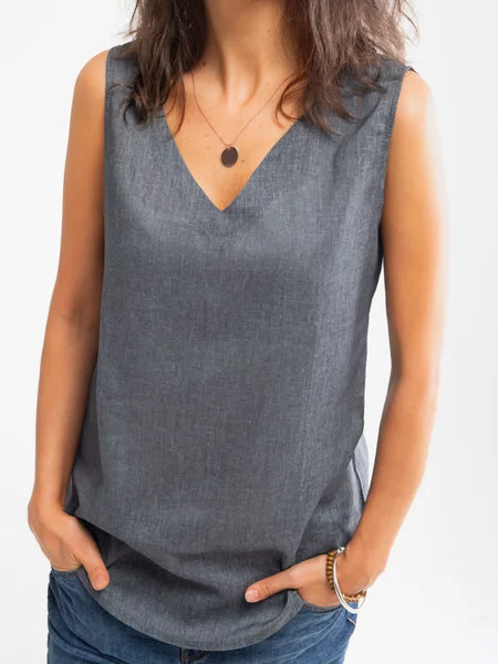 

Top Scollo a V di Cotone senza maniche, Blu intenso, Blouses & Shirts