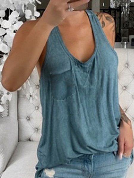 

Plain Cotton Casual Sleeveless Shirts & Tops, Sage green, Tank Top