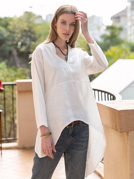 

Camicetta con Scollo a V Semplice Elegante Asimmetrico in Lino, Bianco, Blouses & Shirts
