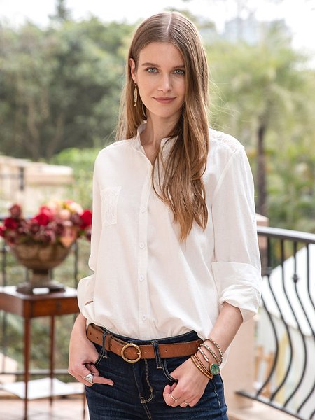 

White Work Stand Collar Top, Blouses and Shirts