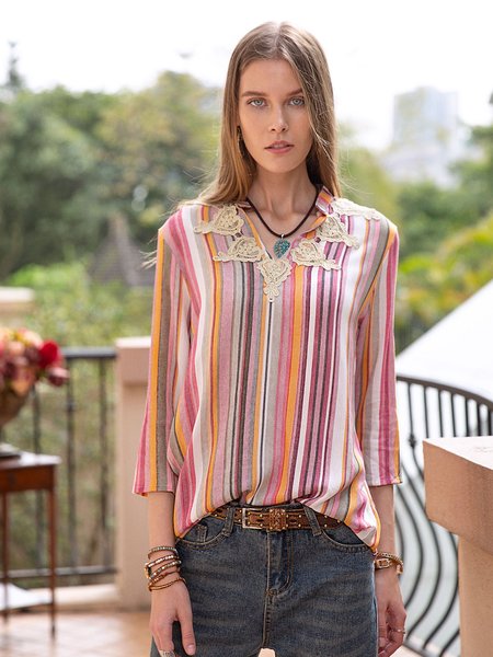 

Camicetta a Righe a 3/4 Manica in Lino, Multicolors, Blouses & Shirts