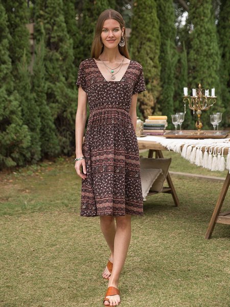 

Tribal Short Sleeve Pastoral Floral Midi Dress, Cameo brown, Midi Dresses