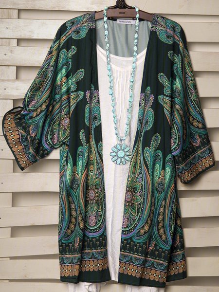 

Plus Size Abstract Casual Long Sleeve Outerwear, Green, Outerwear