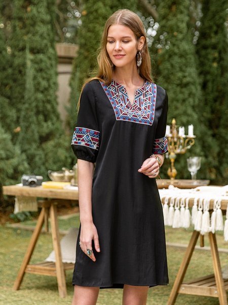 

Abito a Tacca Scollatura Tribale di Misto Cotone, Nero, Casual Dresses