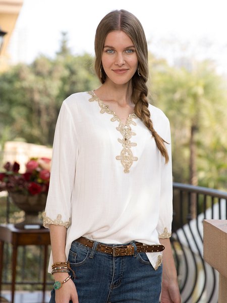 

Camicetta con Scollo a V Bohemian a 3/4 Manica in Lino, Bianco, Blouses & Shirts