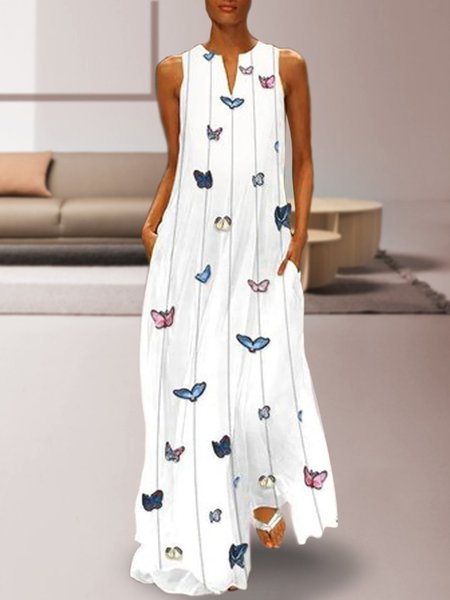 zolucky White Floral Elegant Shift Sleeveless Maxi Dresses, Dresses