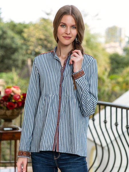 

Women Elegant Tribal Stand Collar Button Down Shirts, Blue white, Shirts & Blouses