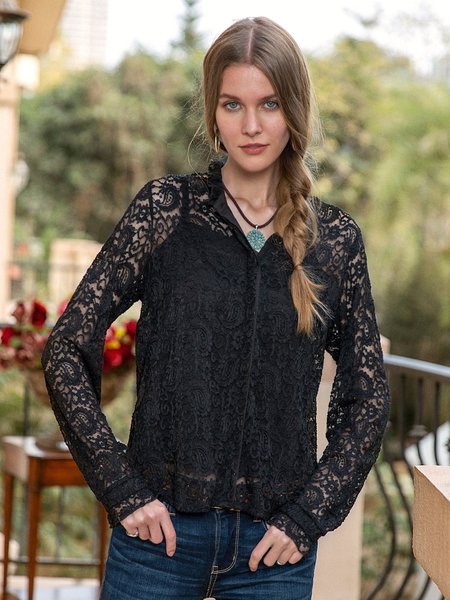 

Women Lace Ruffled Sleeve Button Down Tops, Solid black, Tops